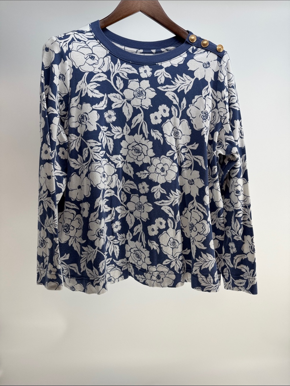 croft & barrow Navy and Cream Floral Long Sleeve Tee with Gold Buttons